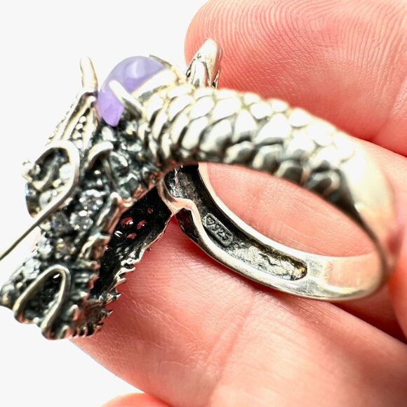 Jade of Yesteryear Womens Ring Sterling Silver Purple Jade Ruby Eyes Size 6 - Picture 5 of 8